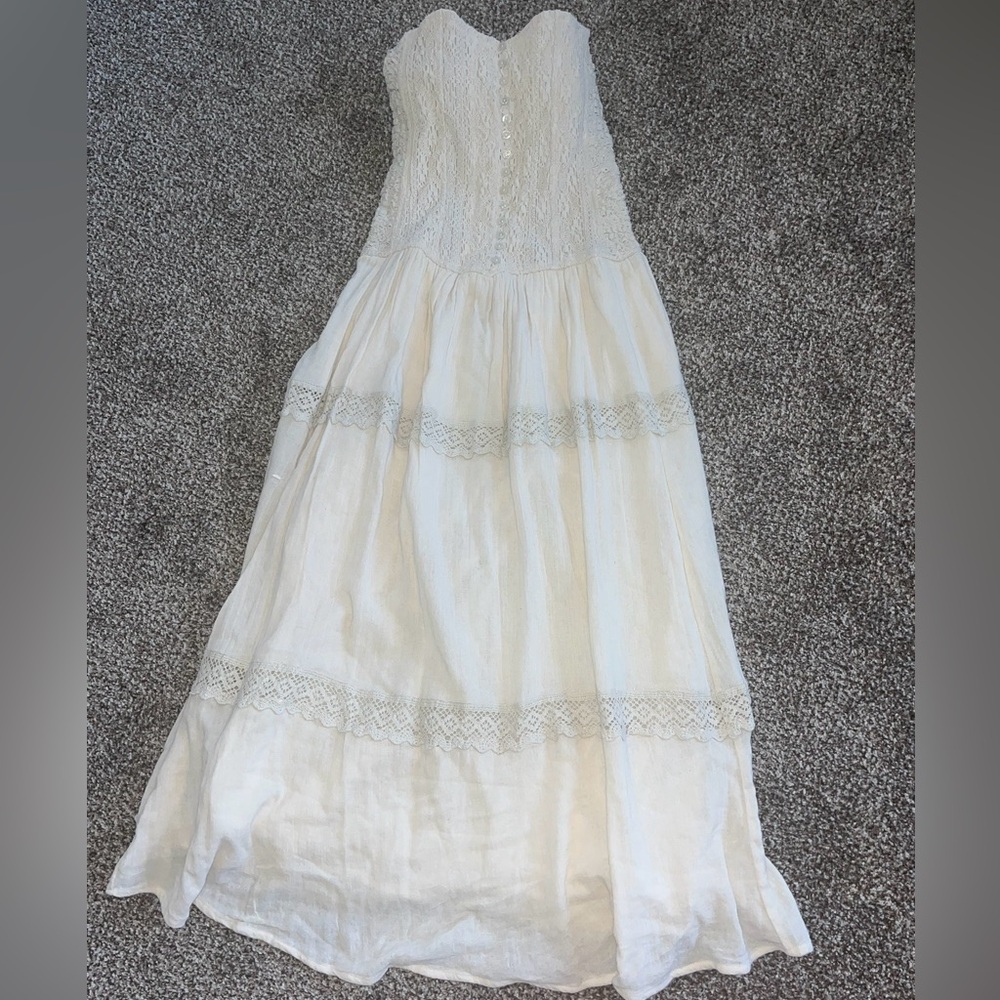 lace gauze crochet strapless bohemian maxi dress tiered small pyramid collection